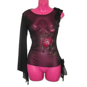 y2k 1990s sexy sheer black one shoulder angel sleeve floral shirt size small xs